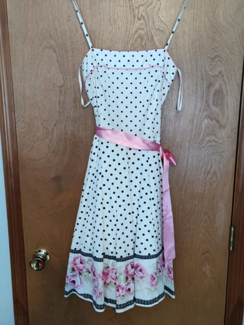 Pulse White Polka Dot Sundress with Pink Floral Hem and Pink Sash